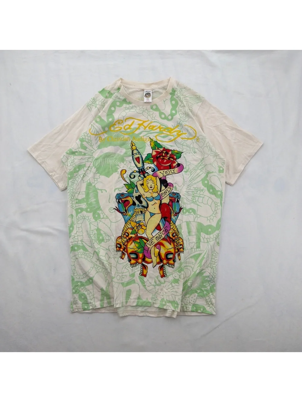 Vintage Ed Hardy Christian Audigier All Over Print T-Shirt 3XL White Green RARE